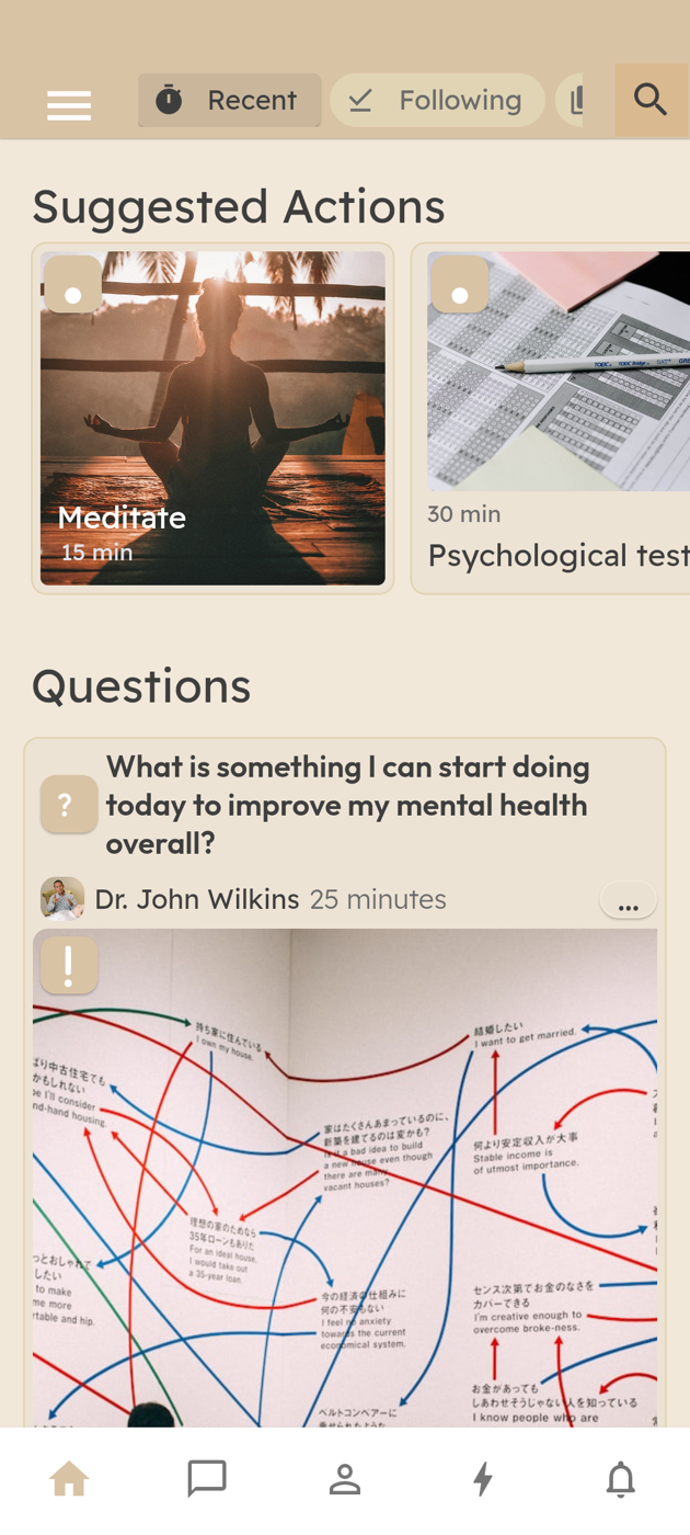 Click! home feed with suggested actions and community questions